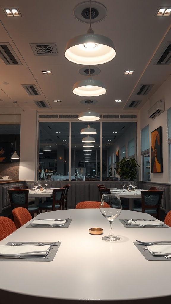 A modern dining area featuring layered lighting with pendant lamps and warm ambiance.