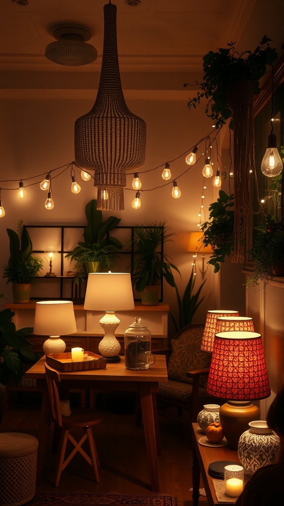 A cozy interior with various light sources, including pendant lights and table lamps, creating a warm atmosphere.
