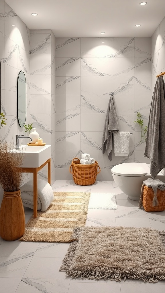 Modern bathroom interior design with layered textiles including rugs and towels.