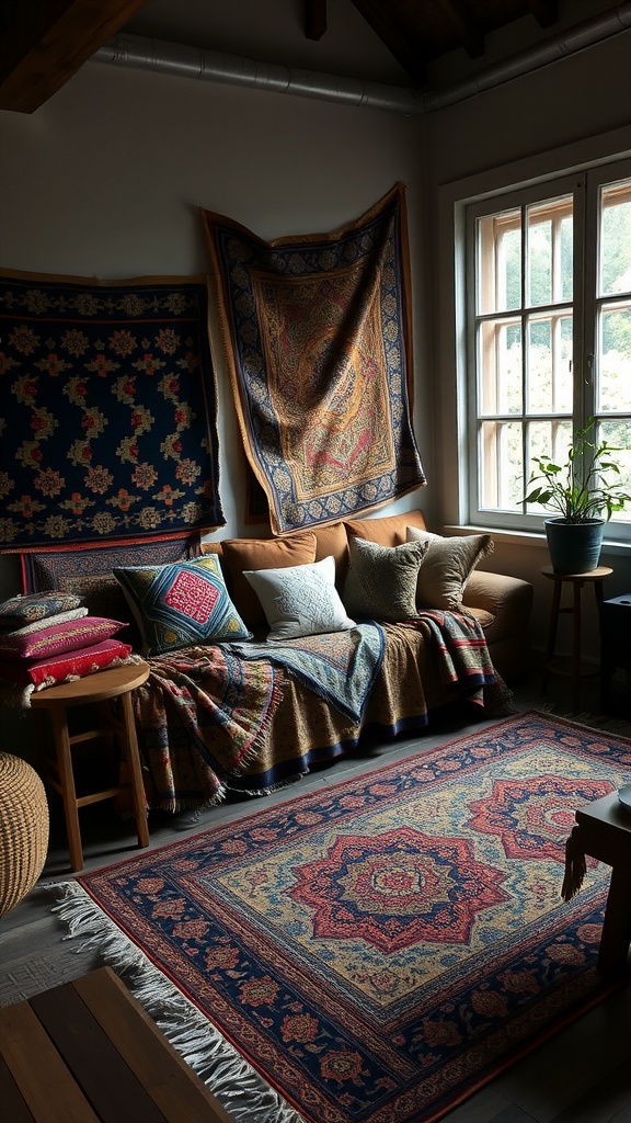 Cozy bohemian living room with layered textiles, patterned rugs, and colorful cushions.