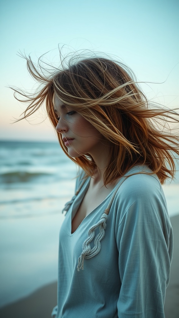 A woman with layered textured waves in her medium-length hair, standing by the beach.