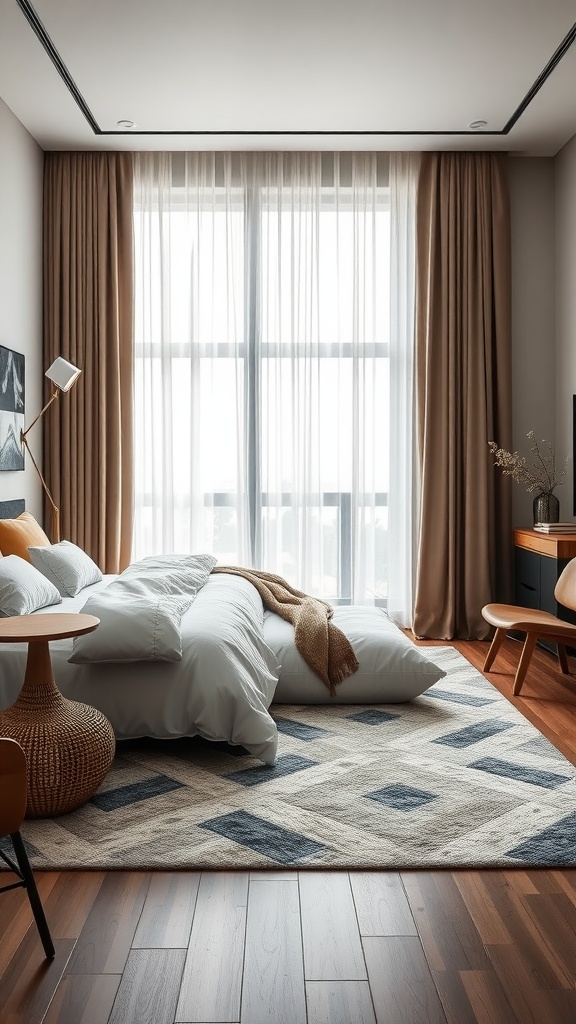 A cozy bedroom with layered textures including soft bedding, a warm throw, and a patterned rug.