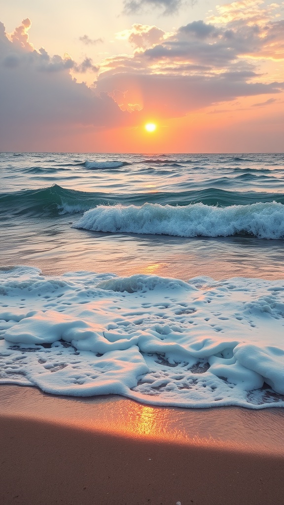 A beach scene showcasing soft waves and a sunset, representing the relaxed vibe of layered waves with highlights in long hair.