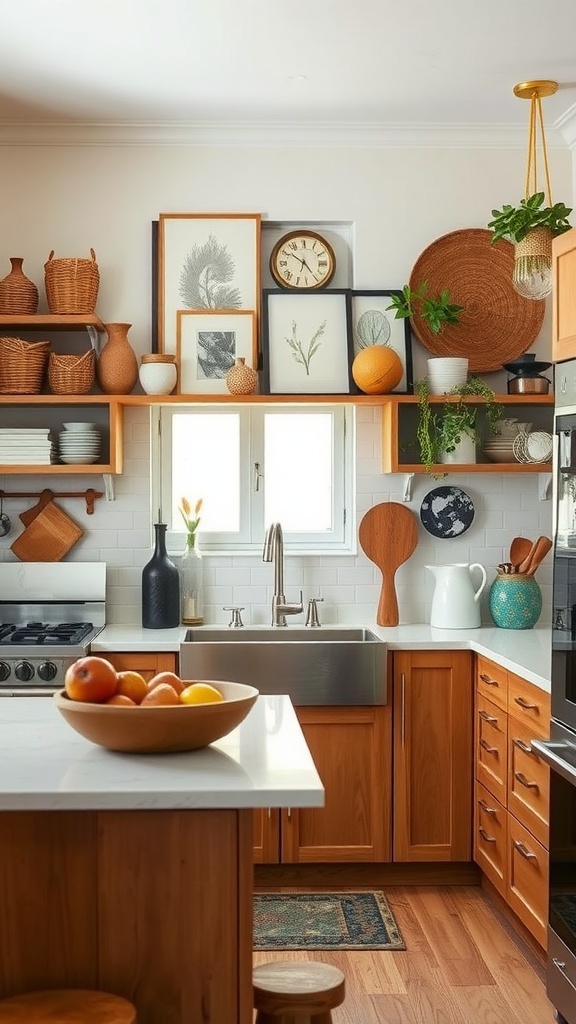 A warm kitchen interior with layered accessories including baskets, artwork, and plants.
