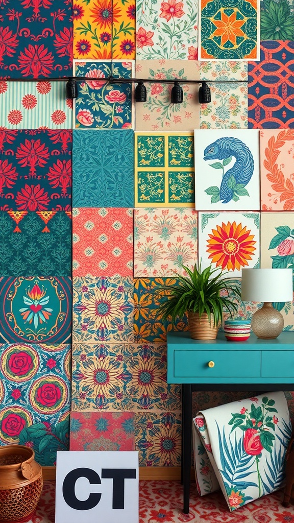 A vibrant collection of various patterned tiles and decor elements in an interior design setting.