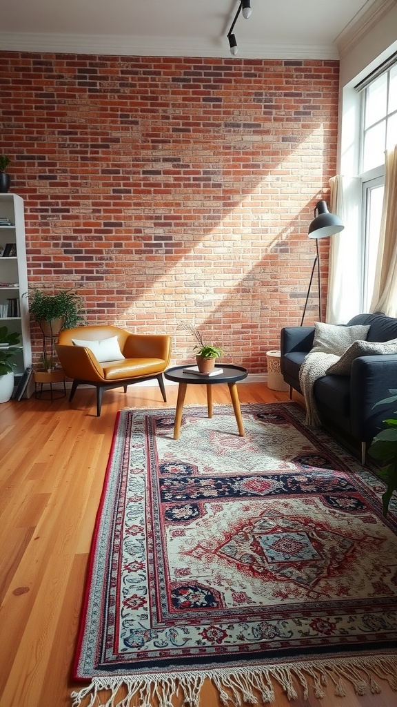 Living room with brick wall, layered rugs, and cozy seating