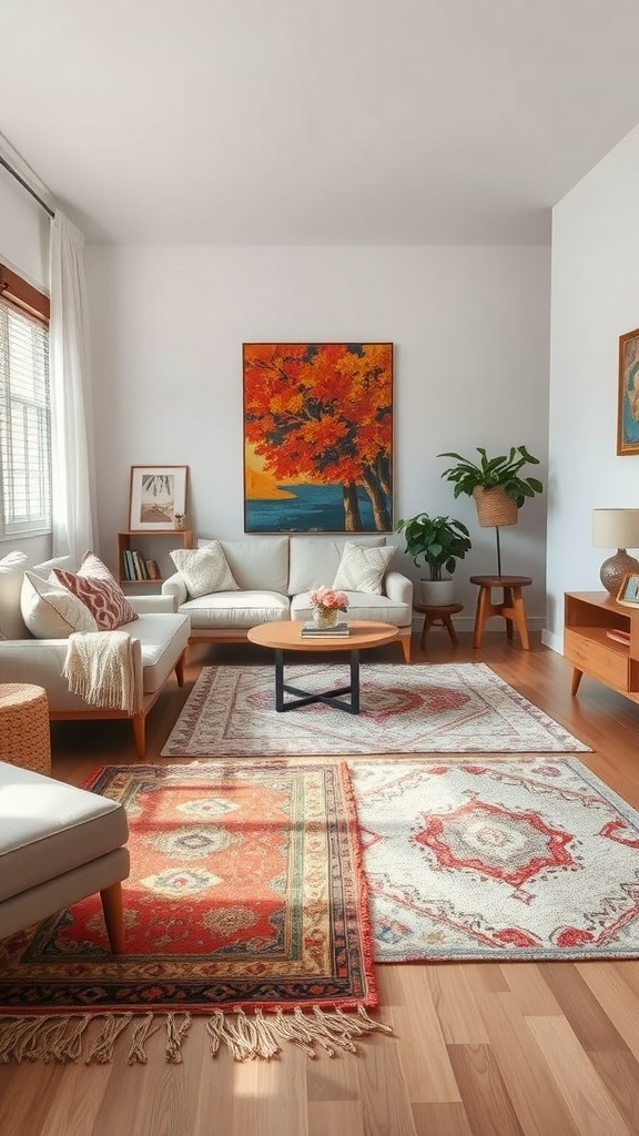 A cozy living room featuring layered rugs in warm colors, a comfortable sofa, and decorative elements.