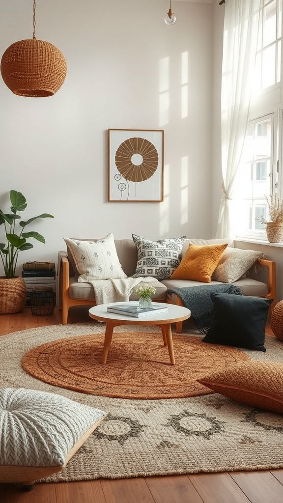 A cozy living room featuring layered textures with pillows, rugs, and natural decor.