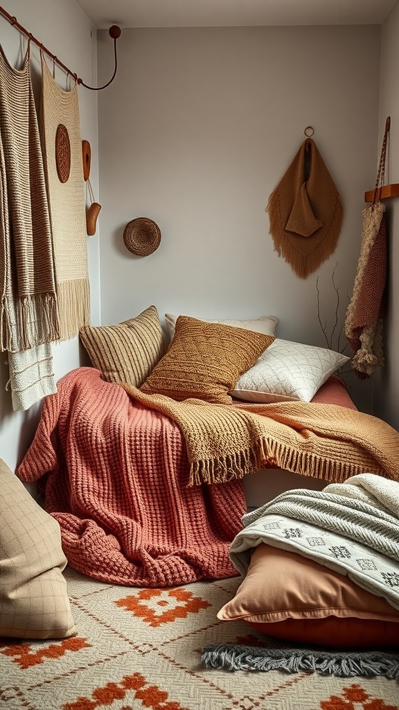 Cozy small bedroom with layered textures including blankets and pillows