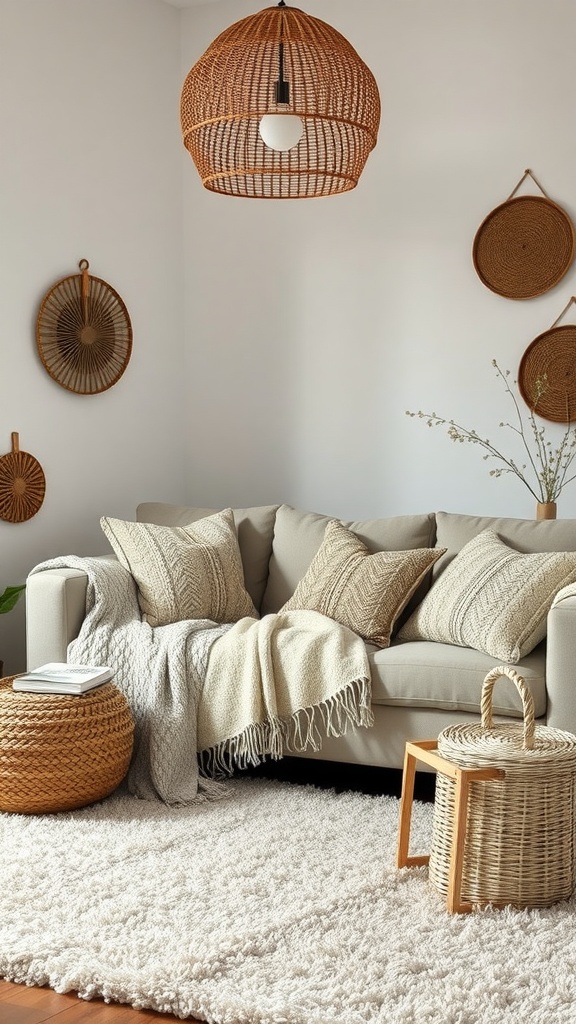 Cozy living room with layered textures, including a beige sofa, knitted pillows, and woven decor.