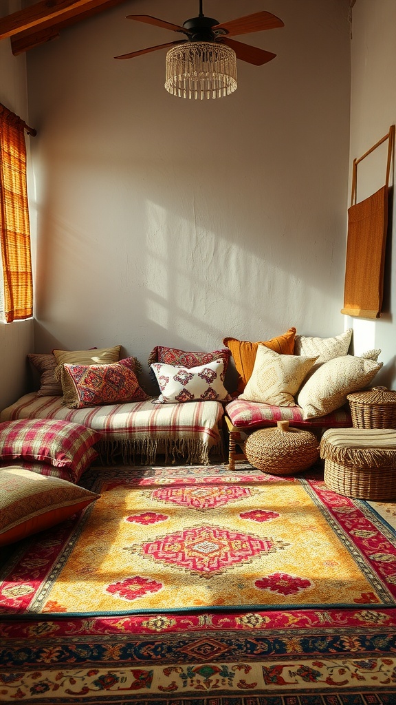 A cozy boho living space with layered textures including pillows, a colorful rug, and woven baskets.