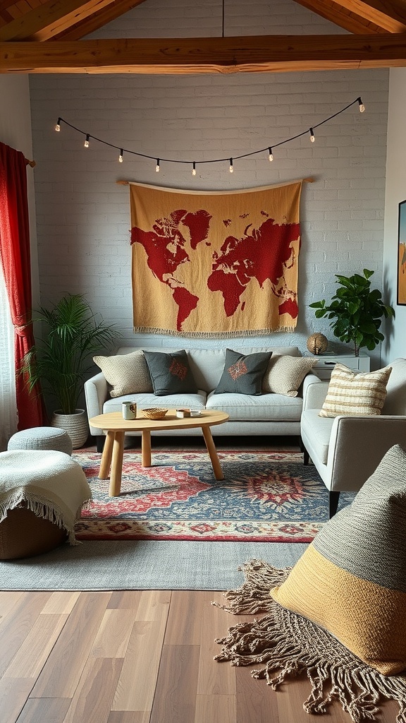 Cozy Nordic living room with layered textures, featuring cushions and rugs.