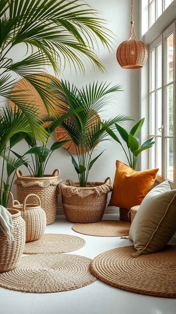A cozy tropical interior featuring woven baskets, soft pillows, and lush green plants.