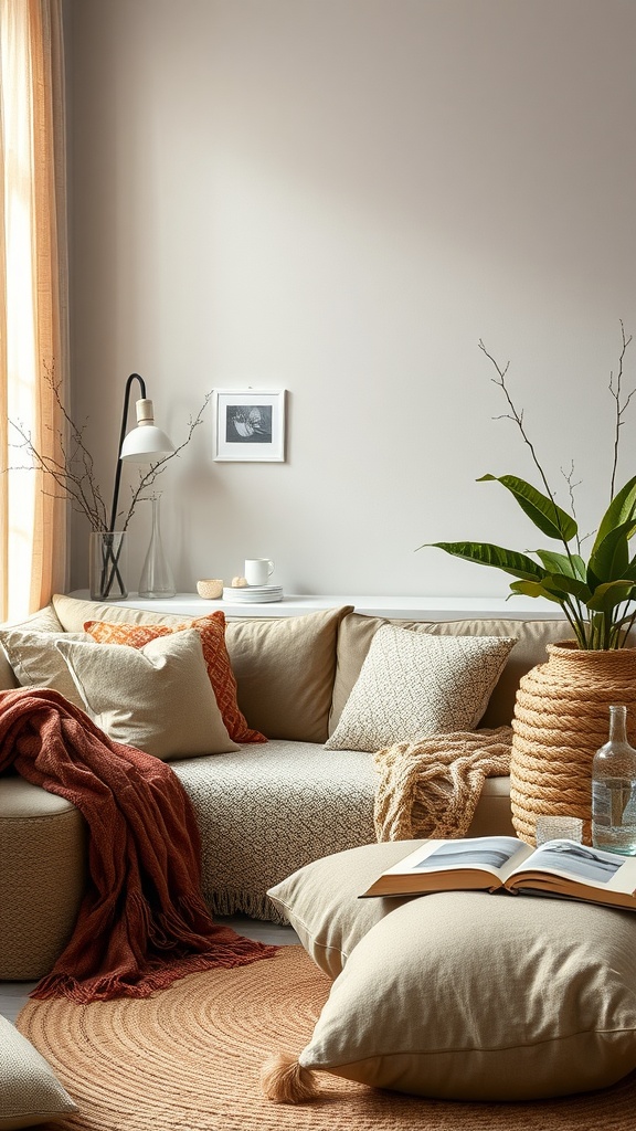 A cozy living space with layered textures, including blankets, pillows, and natural elements.