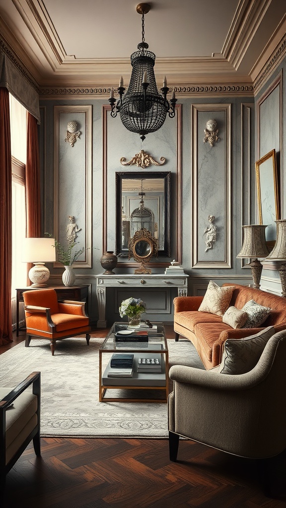A neoclassical interior with layered textures, featuring rich fabrics and elegant furnishings.