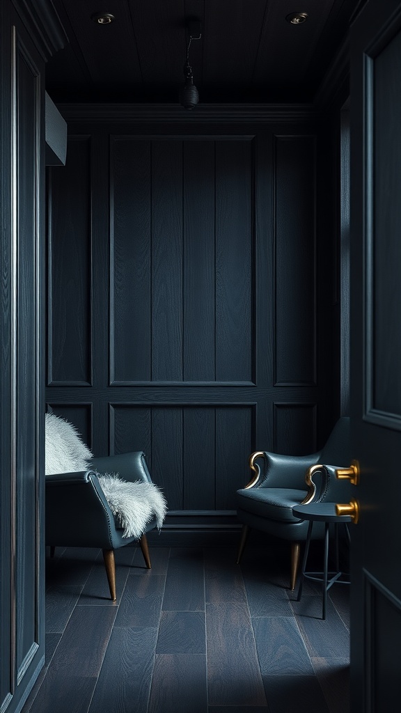 A cozy corner featuring dark wood paneling, two chairs, and a soft throw.