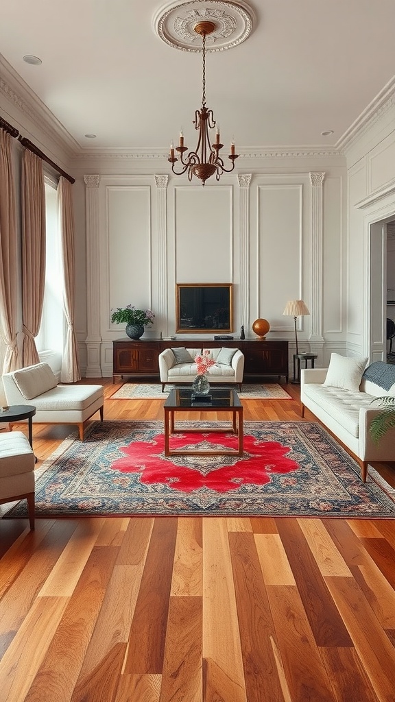 Neoclassical living room featuring a layered area rug with rich colors and elegant decor.