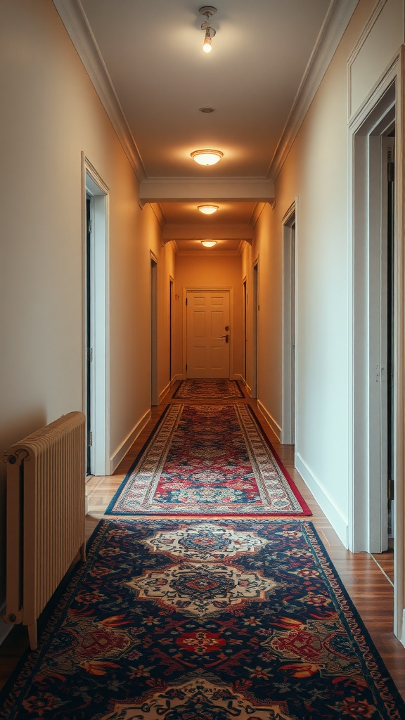 A hallway featuring layered rugs with intricate designs.