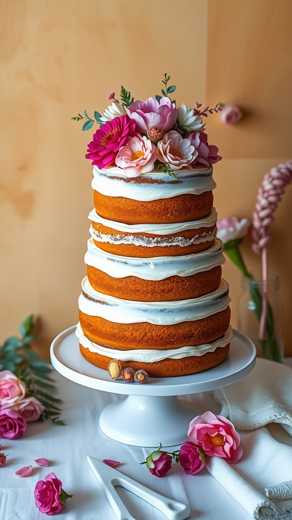 A beautifully layered carrot cake with flowers on top, showcasing layers of frosting.