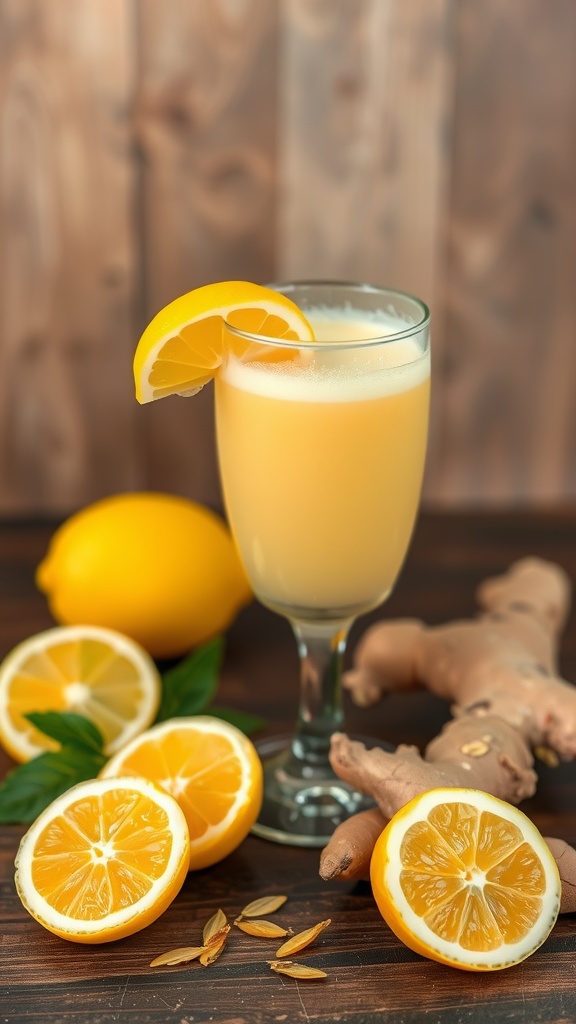 A refreshing lemon and ginger detox smoothie in a glass, garnished with a lemon slice.