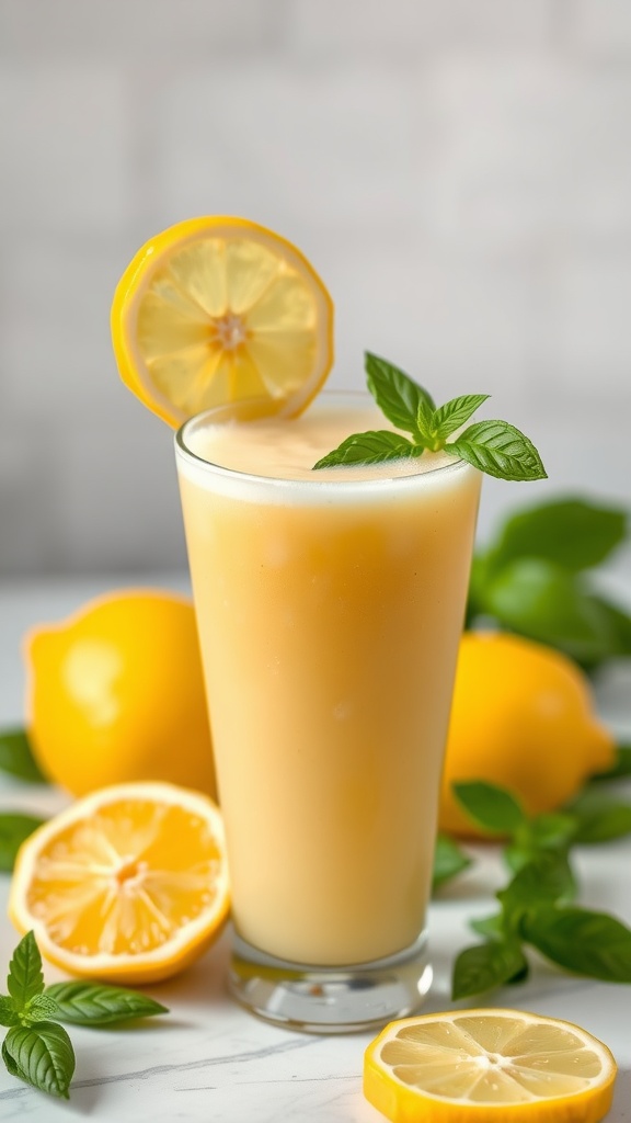 A refreshing glass of lemon basil smoothie with slices of lemon and fresh basil