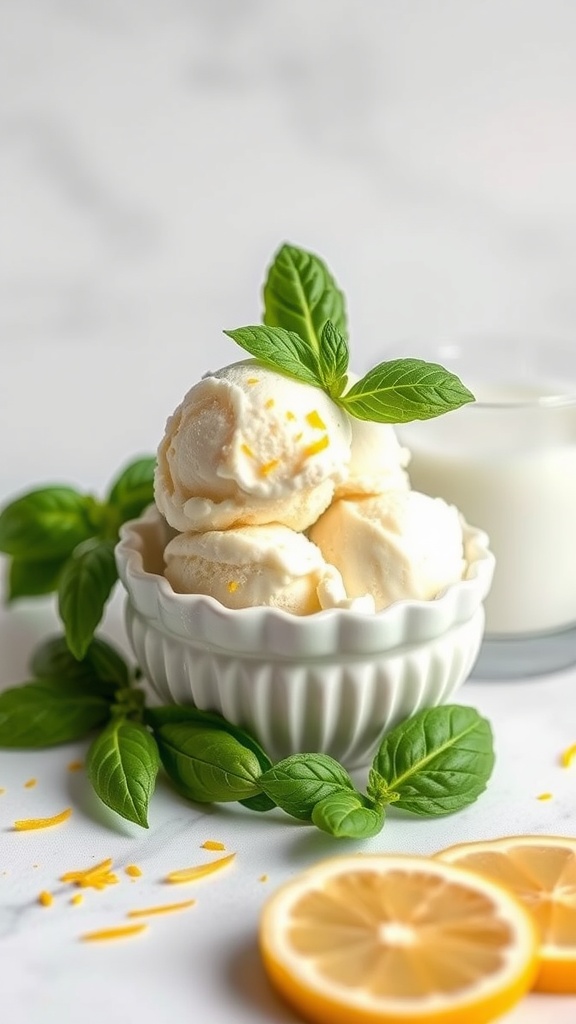 Lemon Basil Keto Ice Cream in a bowl with fresh basil and lemon slices