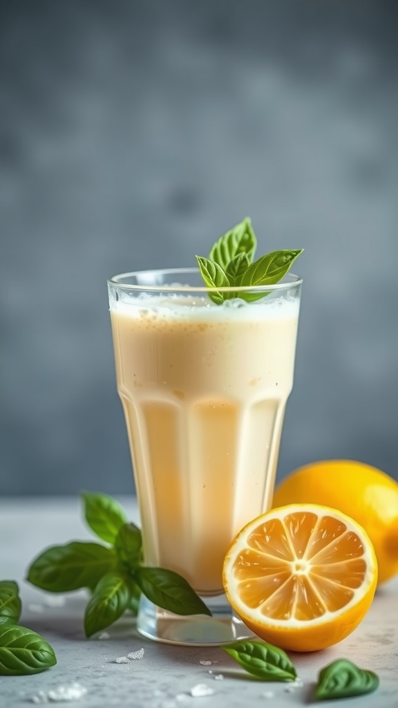 A refreshing lemon basil smoothie in a glass, garnished with fresh basil leaves.