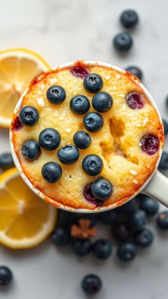 A delicious lemon blueberry keto mug cake topped with fresh blueberries and lemon slices.