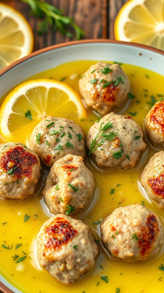 Plate of lemon dill meatballs garnished with parsley and lemon slices
