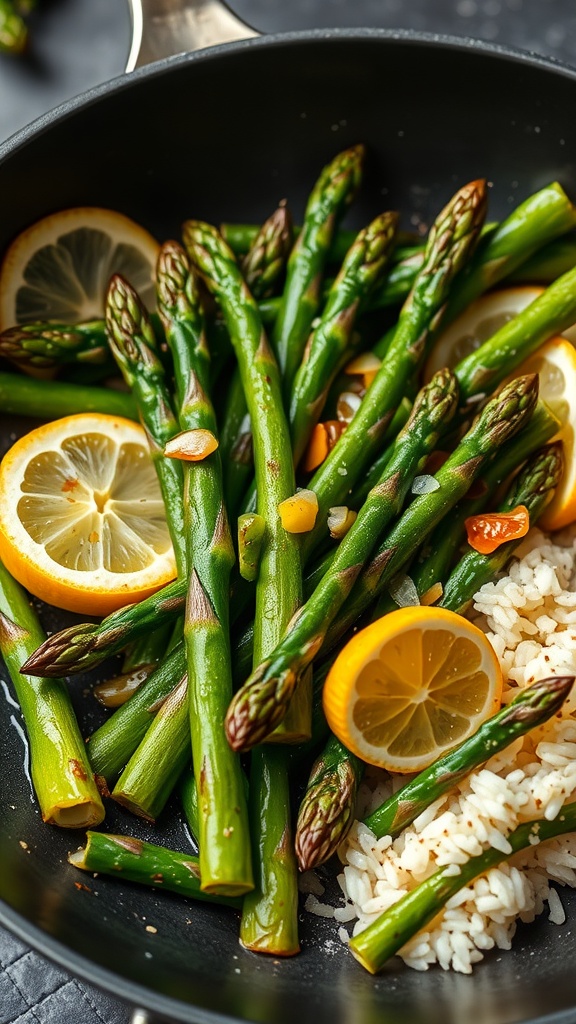 A skillet with lemon garlic asparagus stir-fry and rice.