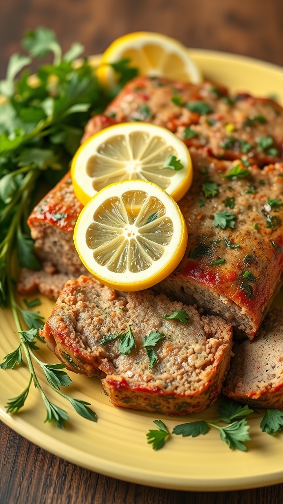 Delicious lemon garlic herb meatloaf sliced and garnished with lemon and parsley