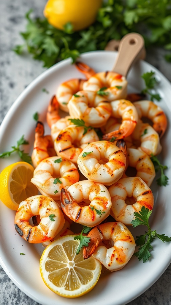 A plate of lemon garlic shrimp skewers garnished with parsley and lemon slices.