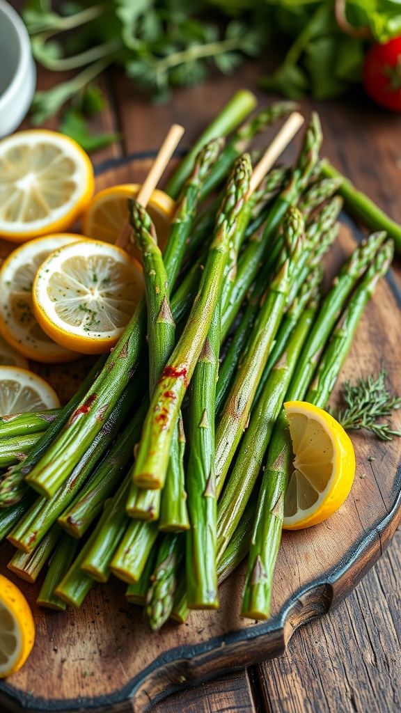 Lemon herb asparagus skewers with fresh lemon slices for flavor.