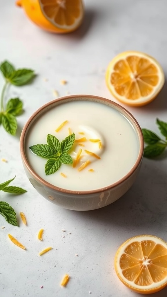 A bowl of lemon pudding with coconut milk, garnished with mint and lemon zest.