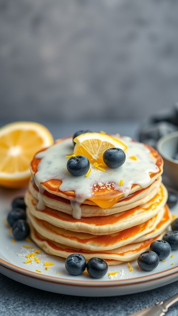 Stack of lemon ricotta keto pancakes topped with a lemon slice and blueberries