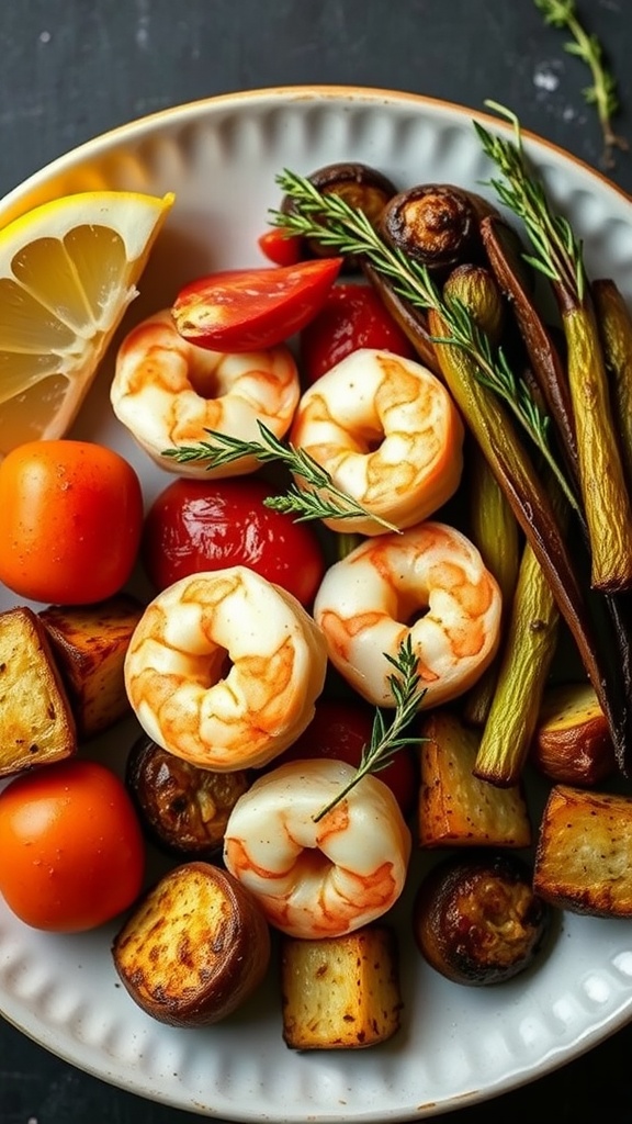 A plate of shrimp with roasted veggies, lemon slices, and thyme.