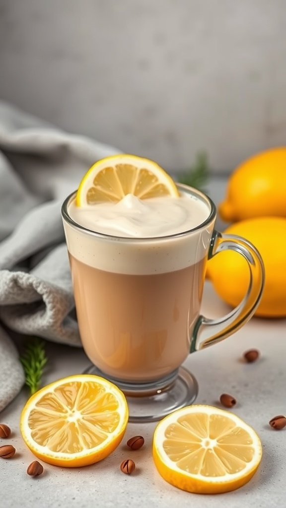 A refreshing Lemon Vanilla Coffee Smoothie in a glass with lemon slices