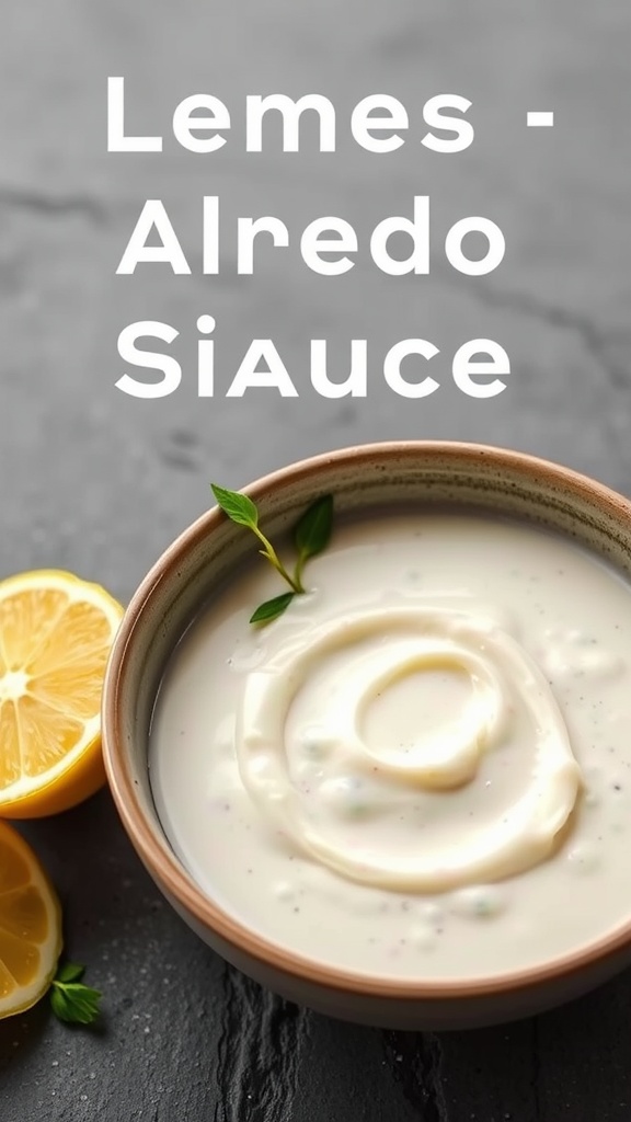 A bowl of creamy alfredo sauce with lemon slices