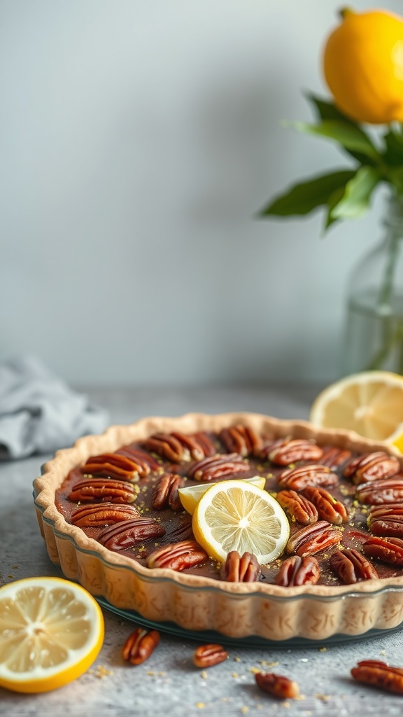 A freshly baked Lemon Zest Infused Pecan Pie topped with lemon slices and pecans.