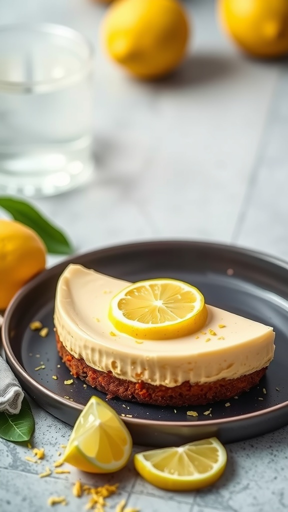 A slice of lemon zest keto cheesecake garnished with lemon slices on a black plate.