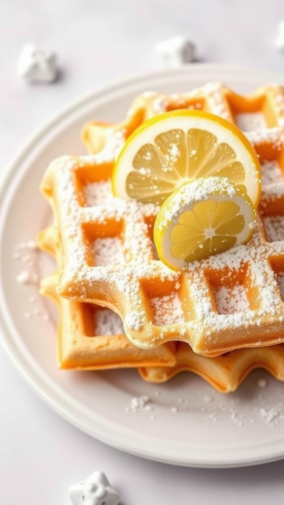 Delicious lemon zest waffles stacked on a plate with a slice of lemon on top.