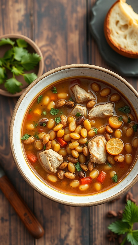 A bowl of lentil and chicken soup with chicken pieces, lentils, and herbs.