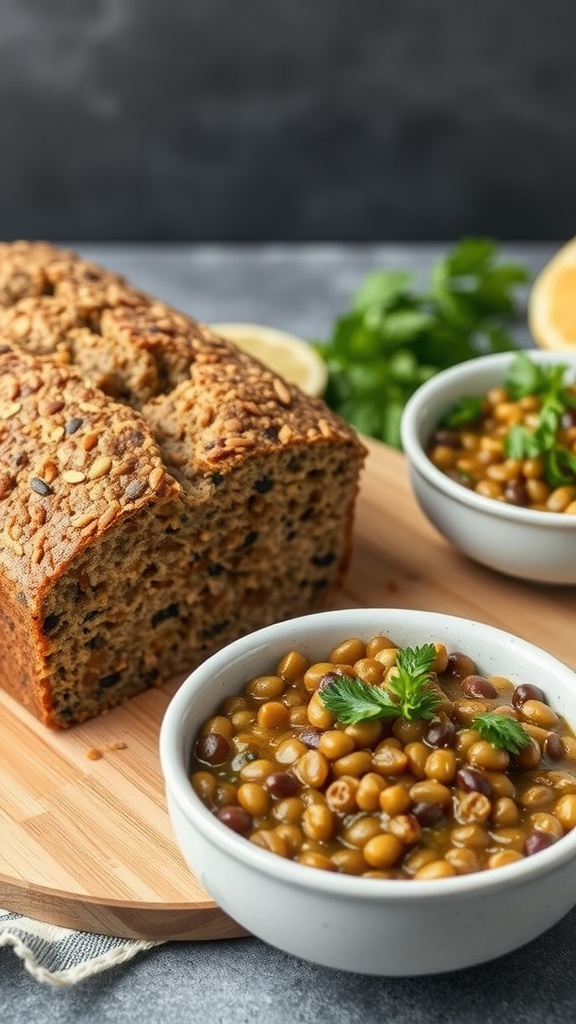 A loaf of lentil bread served with a bowl of lentil soup, garnished with herbs.