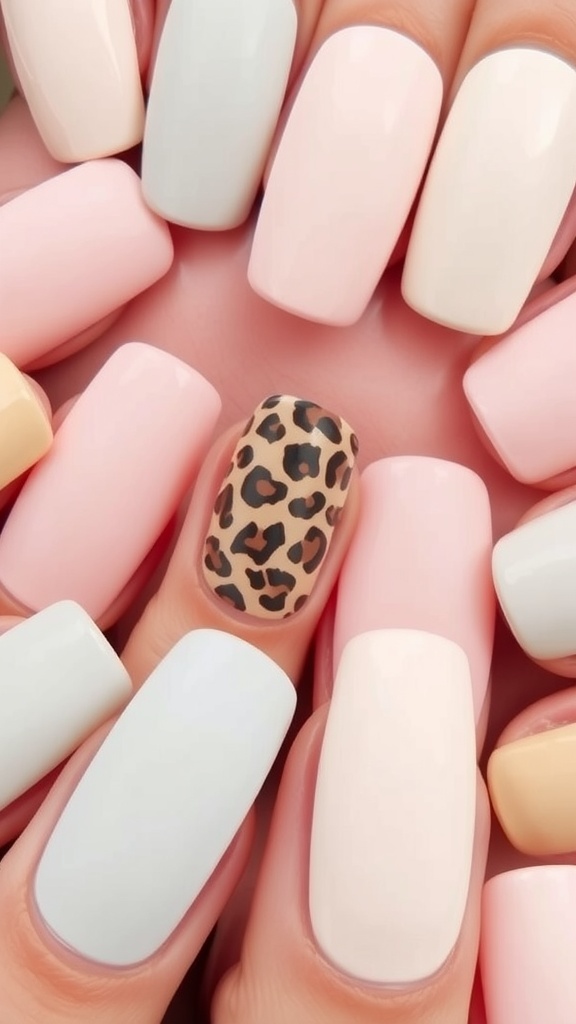 A close-up of nails featuring a leopard accent nail surrounded by pastel-colored nails.