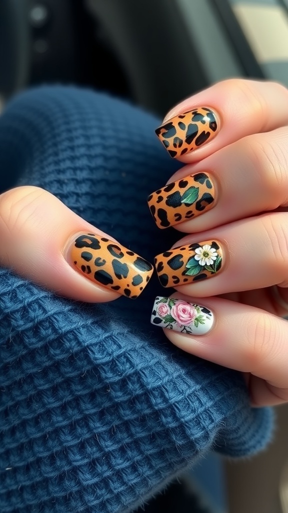 Close-up of leopard print nails with floral designs.