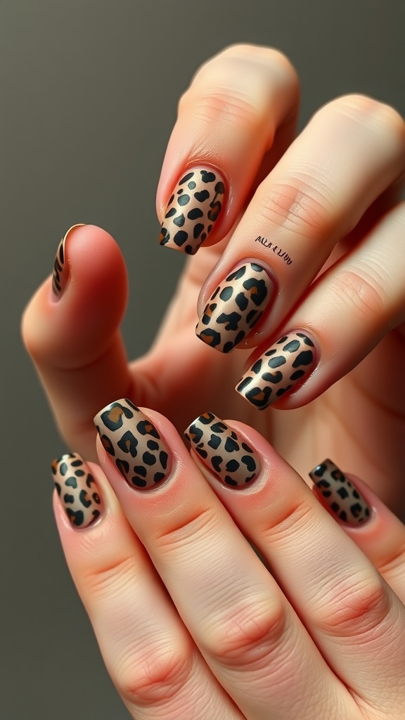 Close-up of short leopard print nails, featuring a brown and black design.
