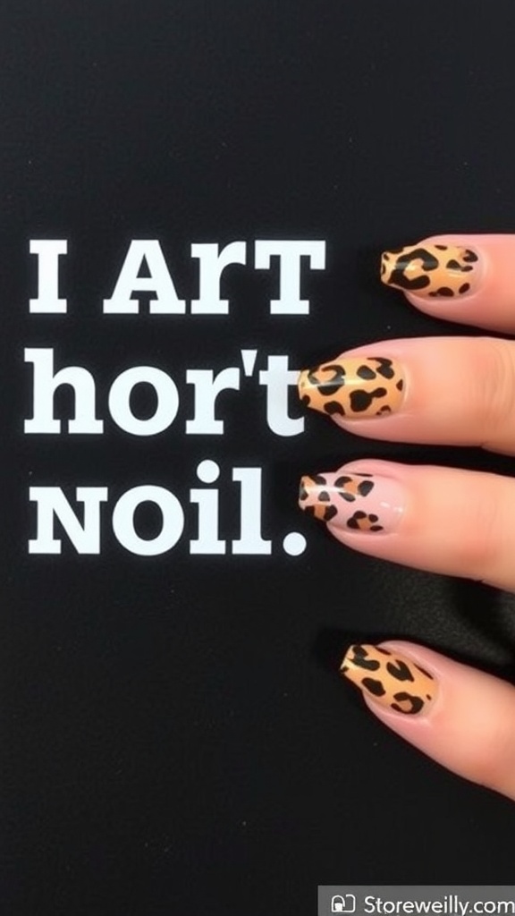 Nails featuring leopard print French tips on a black background.