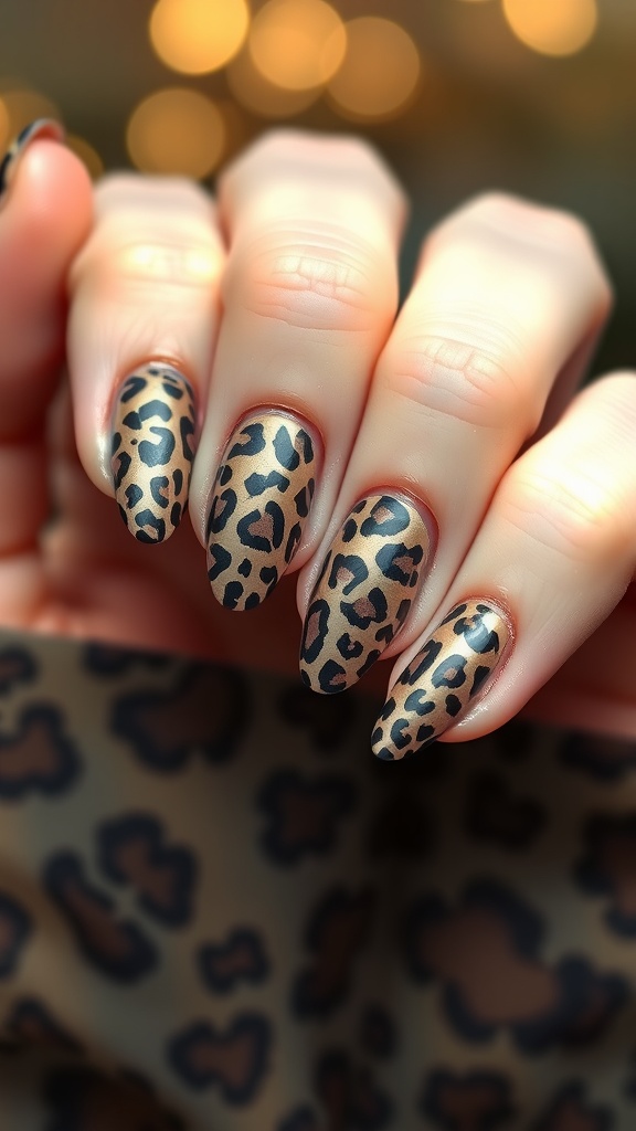 Leopard print nail art design on elegantly shaped nails