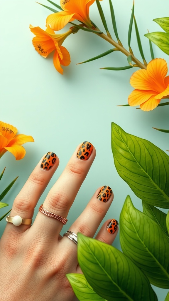 A hand with leopard print nails surrounded by flowers and green leaves.
