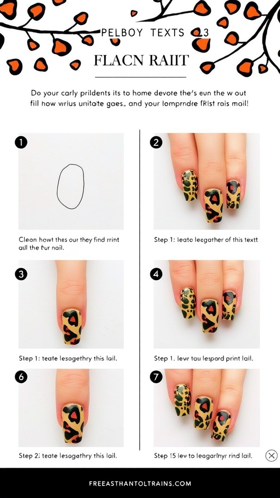 Instructions for leopard nail art with step-by-step visuals.